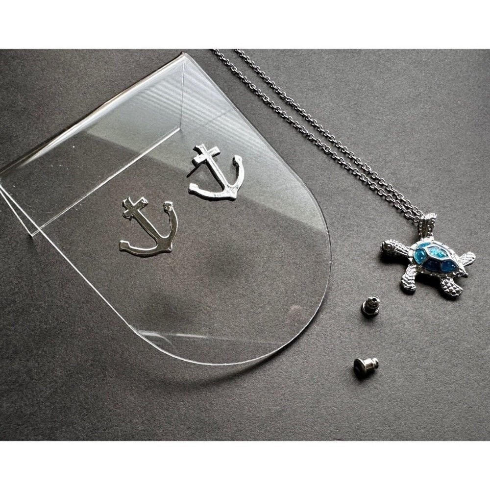 Summer Jewelry Sea Turtle Pendant Blue Opal Turtle Necklace & Anchor Earrings